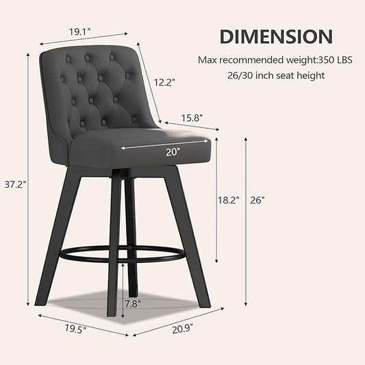 MINCETA Bar Stools Set of 3, PU Leather Barstools, 26 Inch Upholstered Counter Stools with Low Tufted Back and Footrest, Swivel Counter Height Barstools for Kitchen Island Home Bar Dark Gray