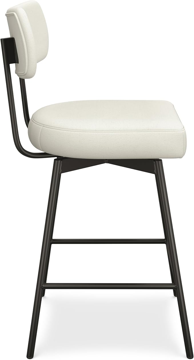 SIMPLIHOME Giselle Counter Stools (Set of 2) - 24 Inch Seat Height Swivel Upholstered Metal Kitchen Stools in Natural Polyester Linen, Contemporary Modern Seating with Padded Seat and Backrest