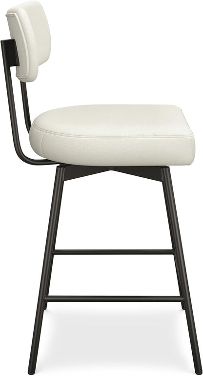 SIMPLIHOME Giselle Counter Stools (Set of 2) - 24 Inch Seat Height Swivel Upholstered Metal Kitchen Stools in Natural Polyester Linen, Contemporary Modern Seating with Padded Seat and Backrest