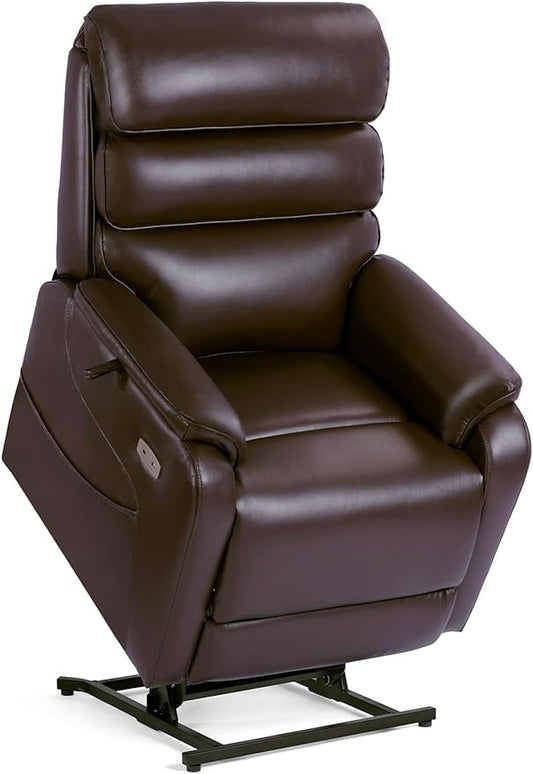 EONIX Dual Motor Lay Flat Power Lift Recliner Chair for Elderly, Electric Leather Lift Chairs for Adults, 400lbs Heavy Duty Power Recliner Lift Sofa with Heat and Massage, Dark Brown