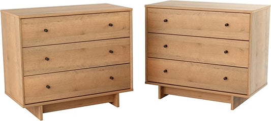 Prepac Finnley 3-Drawer Nightstand in Natural Oak, Extra-Wide Bedside Tables with Storage, Set of 2, Modern End Tables for Home & Bedroom, 16" D x 31" W x 26.75" H