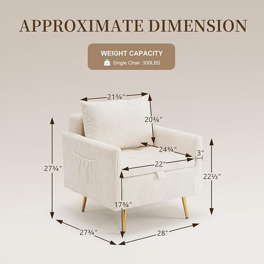 Furnimart Beige Mid-Century Modern Corduroy Storage Accent Chair with Arm, 1-Seater, Built-in Storage, Reading Chair for Bedroom, Living Room, Apartment
