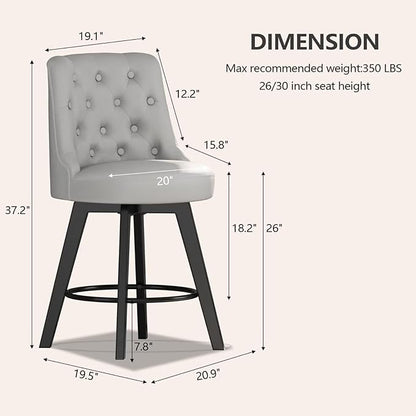 MINCETA Set of 4 Upholstered Bar Stools - 26 Inch Swivel Counter Height Stools with Low Tufted Back, Footrest & Performance Fabric - Round Seat for Kitchen Island & Home Bar Light Gray