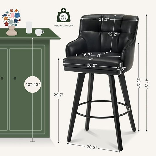 360°Swivel Counter Height Bar Stools with Back, 30 inch Solid Wood Legs, Bar Stool Modern Kitchen Island Chairs, Faux Leather (Black- Faux Leather, 30" H- Set of 4)