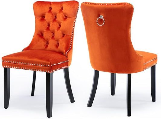 Velvet Upholstered Dining Chairs Set of 2, Modern Style Kitchen Side Chairs with Nailhead Trim and Wood Legs,Metal Pulling Ring for Dining Room Living Room(Orange,Set of 2)