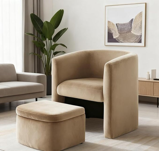 Mid-Century Velvet Living Room Chair with Storage Ottoman, Space-Saving Accent Chairs for Bedroom/Reading Spaces/Office, Khaki