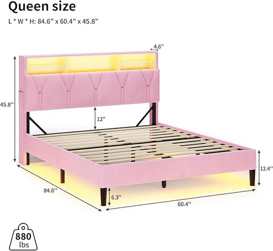 Queen Bed Frame with Storage Headboard,Power Outlet, Modern Velvet Upholstered Platform Bed LED Bed Frame with 5 Storage Shelves, No Box Spring Needed, Pink