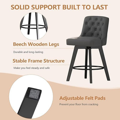 MINCETA Bar Stool, PU Leather Barstool, 26 Inch Upholstered Counter Stool with Low Tufted Back and Footrest, Swivel Counter Height Barstool for Kitchen Island Home Bar Dark Gray