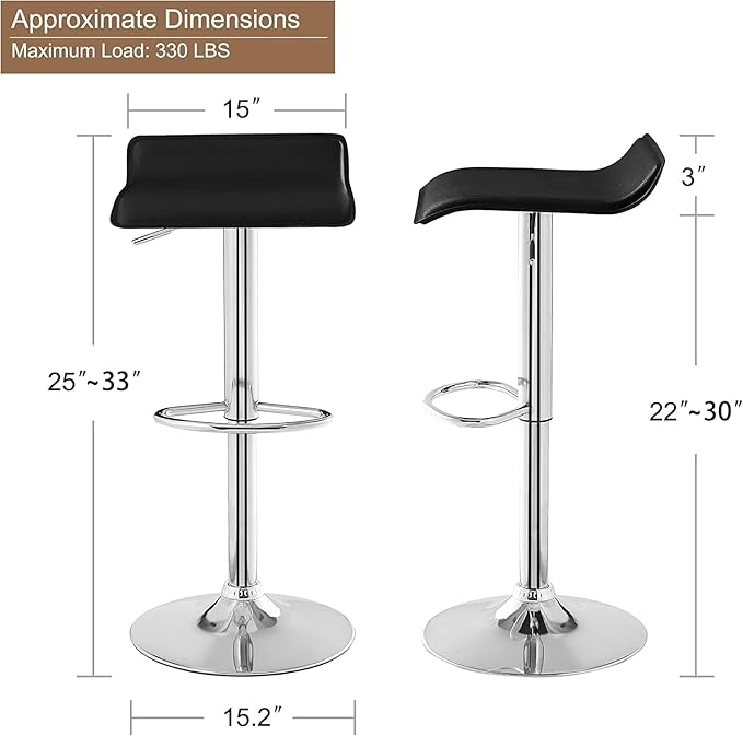 VECELO Bar Stools Set of 2, Swivel Bar Chairs, Adjustable Counter Bar Stools, Modern Armless PVC Stools for Kitchen/Island/Bar/Dining Room/Party, Dark Black
