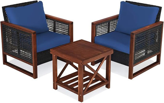 COSTWAY 3 Pieces Wicker Patio Furniture Set, Outdoor Wicker Sofa with Acacia Wood Frame, Coffee Table & Washable Cushions, Rattan Conversation Sets for Yard, Porch Bistro Balcony, Backyard, Navy Blue