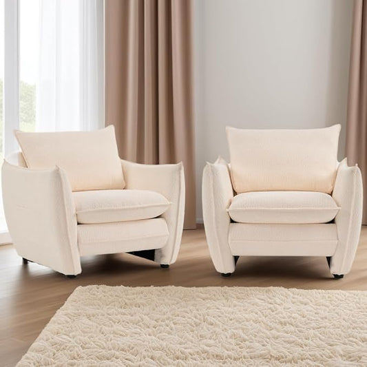 Oversized Armchair, Modern Accent Chair Upholstered in Soft Cloud Fabric with Plush Cushions – Comfy Lounge Chair for Reading Nook, Living Room, and Bedroom (Beige, Set of 2)