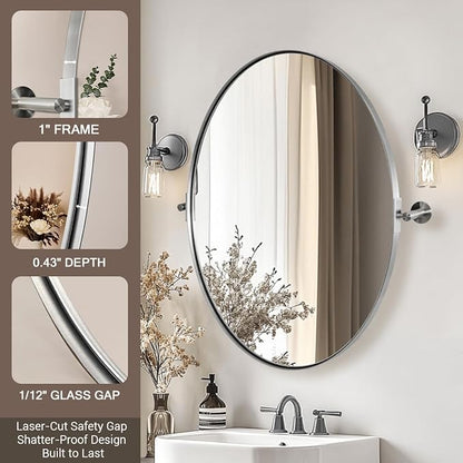 ANDY STAR Brushed Nickel Bathroom Mirror, 22 x 34 Inch Oval Pivot Mirror for Wall, Unique Farmhouse Tilt Mirror in Slim Silver Stainless Steel Metal Frame for Bedroom, Powder Room