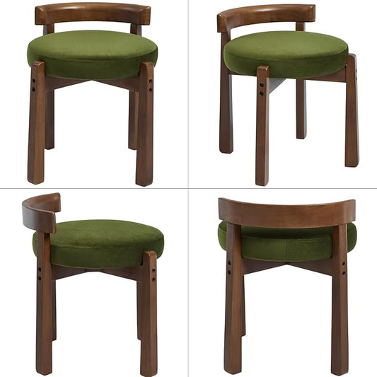 Modern Vanity Chair Upholstered Small Ottoman Footstool, Make Up Stool Velvet Fabric with Backrest Wooden Frame for Living Room Bedrooms, 1PC, Green