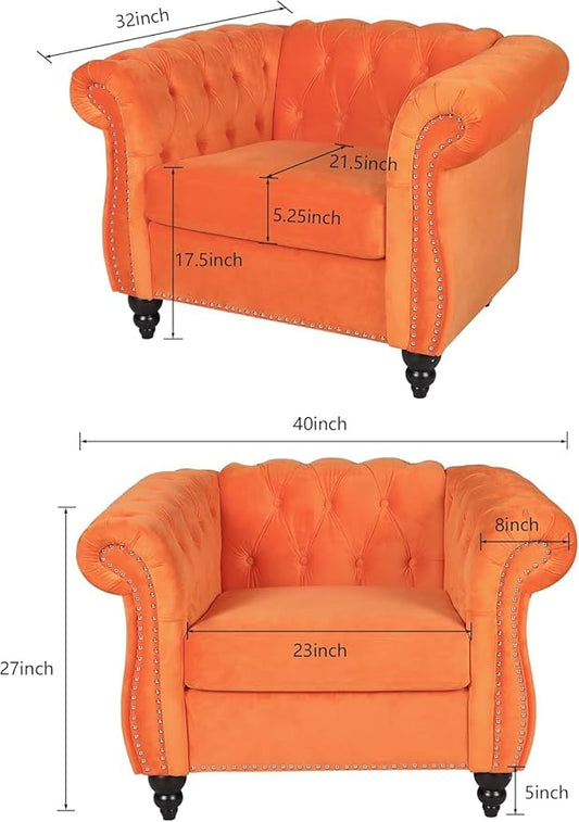 Living Room Chair, Modern Velvet Chesterfield Sofa Chair, Mid Century Single Sofa Couch Chair with Tufted Back and Rolled Arms, Accent Sofa Chair for Living Room Apartment, Orange