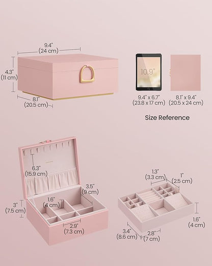 SONGMICS 2-Layer Jewelry Box, Jewelry Organizer with Handle, Removable Jewelry Tray, Jewelry Storage, Floating Effect, 8.1 x 9.4 x 4.3 Inches, Christmas Gift, Jelly Pink UJBC165R01