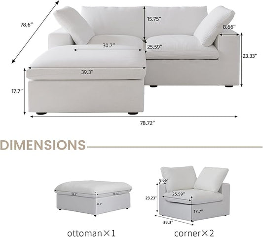 Cloud Couch Modular Sectional Sofa with Storage Ottoman,L Shaped Couch for Living Room,80.3" inch Down Filled 3 Seater Convertible Sectional Sofas for Office Apartment,White
