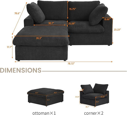 Cloud Couch Modular Sectional Sofa with Storage Ottoman,L Shaped Couch for Living Room,80.3" inch Down Filled 3 Seater Convertible Sectional Sofas for Office Apartment (Black)