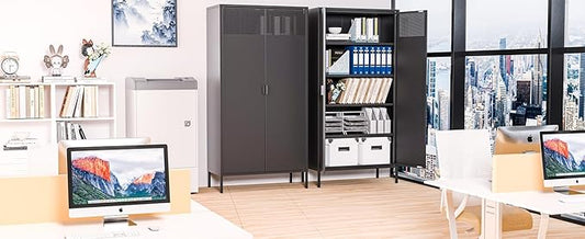 Metal Storage Cabinets with 4 Adjustable Shelves，Black Metal File Cabinet, 71'' Steel Storage for Home & Office, School,Kitchen Pantry,Tool Cabinet，Garage, Black