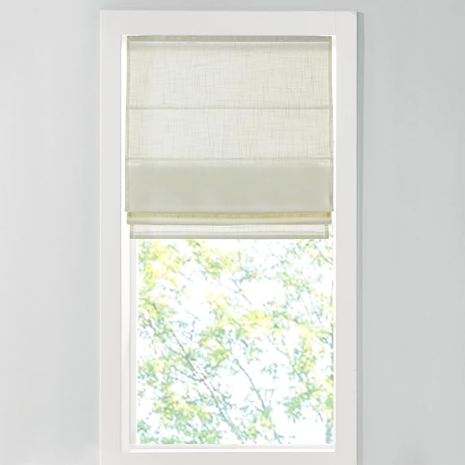 Madison Park Kyler Cordless Roman Shades - Single Panel, Lightweight Linen Blend Fabric, Natural Design, Easy Installation, Light Filtering Window Blind, Bedroom, Living Room Decor 27"W x 64"L Ivory
