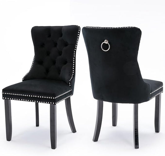 Velvet Upholstered Dining Chairs Set of 2, Modern Style Kitchen Side Chairs with Nailhead Trim and Wood Legs,Metal Pulling Ring for Dining Room Living Room(Black,Set of 2)