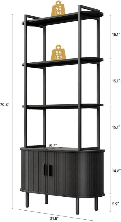 71" Tall Fluted Bookshelf with Sliding Tambour Doors, 4-Tier Mid Century Modern Metal Bookcase Cabinet w/Open Display Storage Shelf, Display Cabinet for Office, Living Room Black