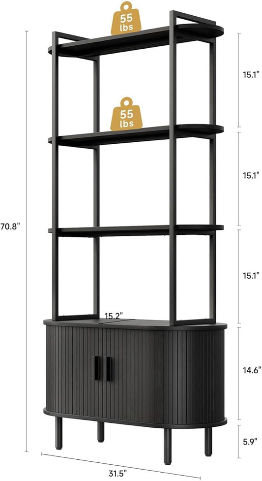 71" Tall Fluted Bookshelf with Sliding Tambour Doors, 4-Tier Mid Century Modern Metal Bookcase Cabinet w/Open Display Storage Shelf, Display Cabinet for Office, Living Room Black