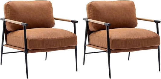 HEAH-YO Modern Accent Chairs Set of 2, PU Faux Leather Living Room Chairs with Backrests, Comfy Reading Side Chairs with Metal Legs for Bedroom, Brown