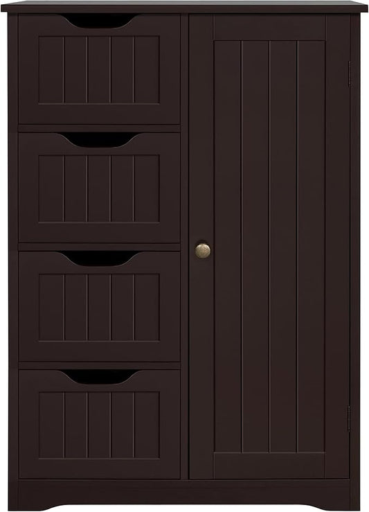 Yaheetech Wooden Bathroom Floor Cabinet, Side Storage Organizer Cabinet with 4 Drawers and 1 Cupboard, Freestanding Entryway Storage Unit Console Table, Home Decor Furniture, Brown