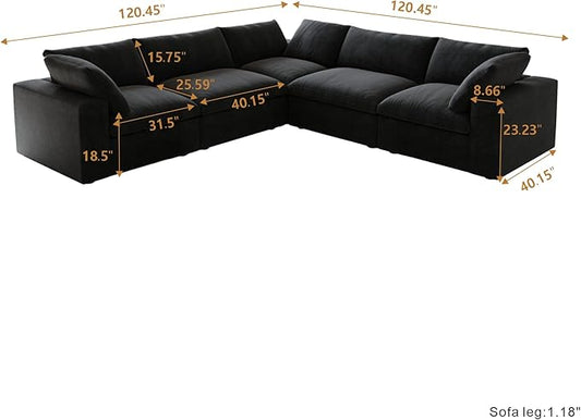Cloud Modular Sectional Sofa for Livingroom,Large Down Filled Comfort Corner Sectional Sofa Couch Wide Deep Seat Convertible Couches for Office Apartment,V Shaped,Black