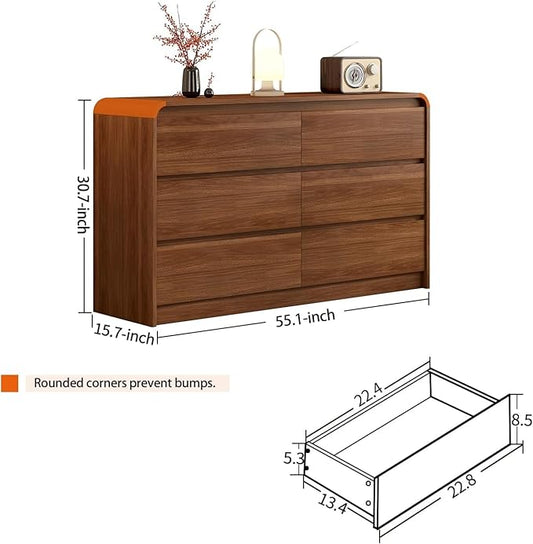 55 Inch Dresser For Bedroom 6 Drawer Wood Chest of Drawers - Curved Anti Collision, Mid Century Dresser For Closet with Natural Texture & Pre-Embedded Slots for TV Stand, Living Room, Nursery
