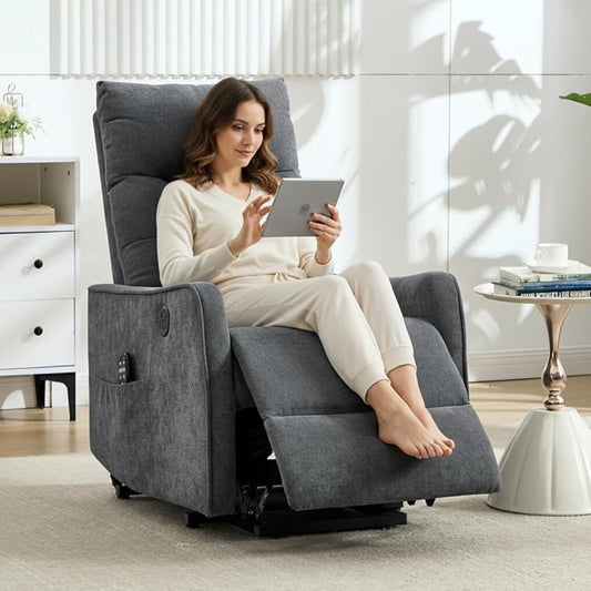 PELUMY Manual Lift Recliner Chair with Massage and Heat for Elderly, Single Motor Electric Lift Chair, Heavy Duty Recliner with USB Charging & Side Pockets (Chenille, Grey)