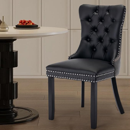Leather Upholstered Dining Chairs Set of 2, Modern Style Kitchen Side Chairs with Nailhead Trim and Wood Leg, Metal Pulling Ring for Dining Room Living Room(Black&Grey,Set of 2)
