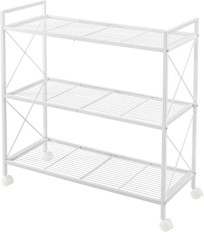 SONGMICS 3-Tier Metal Storage Rack with Wheels, Mesh Shelving Unit with X Side Frames, 31.5-Inch Width, for Entryway, Kitchen, Living Room, Bathroom, Industrial Style, White UBSC183W01