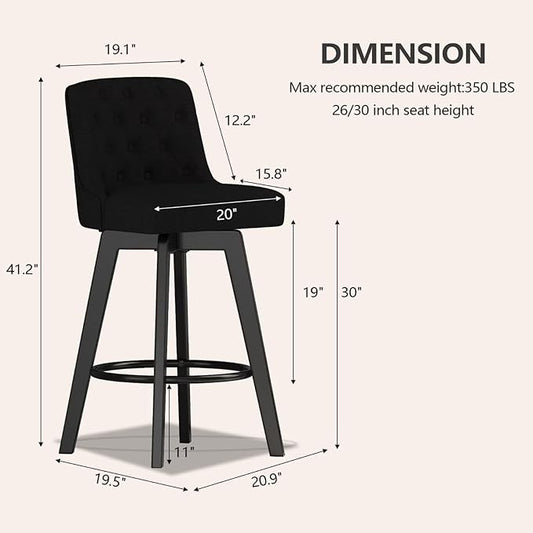 MINCETA Bar Stool, 30 Inch Upholstered Barstool with Low Tufted Back and Footrest, Swivel Counter Height Barstool for Kitchen Island Home Bar Performance Fabric Black