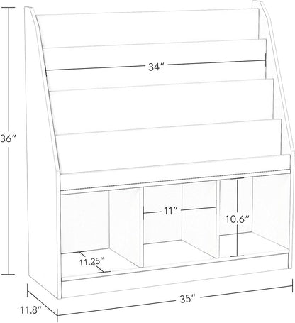 Kids Bookrack with Three Cubbies and 2 Red Bins
