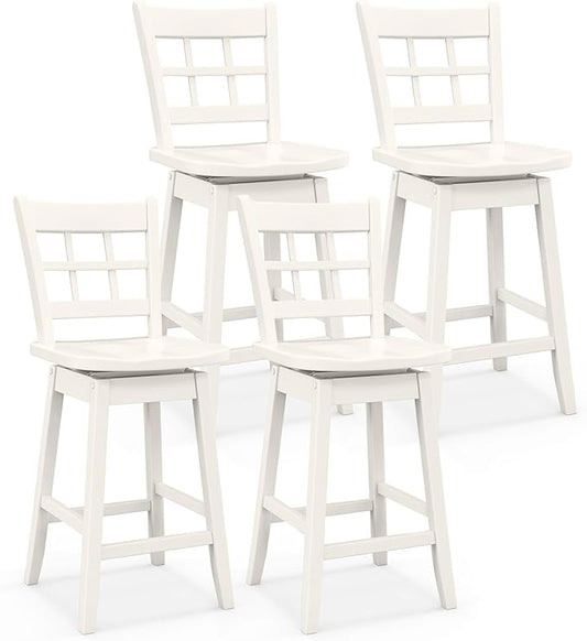 COSTWAY Swivel Bar Stools Set of 4, 24.5 Inch Counter Height Bar Chairs w/Hollow Backrest & Contoured Seat, Wooden Barstools w/Footrest for Kitchen Island, Pub, Bistro, Cafe (4, White)
