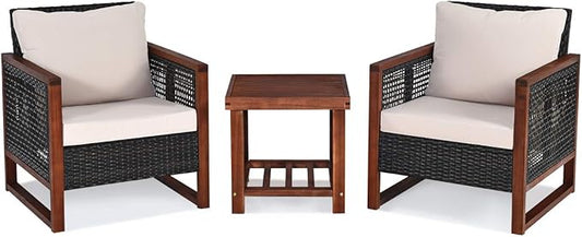 COSTWAY 3 Pieces Wicker Patio Furniture Set, Outdoor Wicker Sofa with Acacia Wood Frame, Coffee Table & Washable Cushions, Rattan Conversation Sets for Yard, Porch, Bistro, Balcony, Backyard, Beige