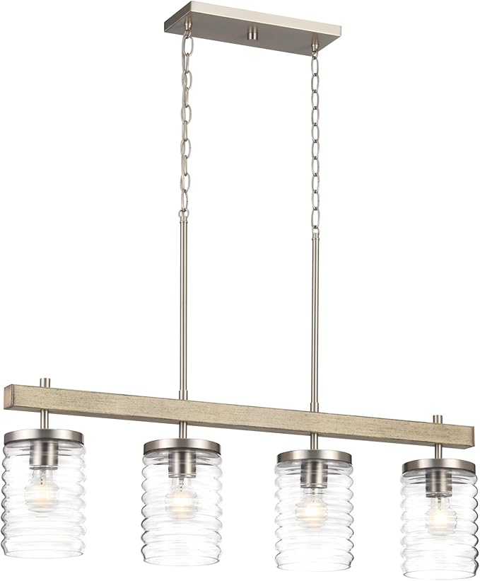 KICHLER Maritime 4-Light Linear Chandelier in a Classic Brushed Nickel Finish with a Clear Horizontal Ribbed Glass Shade, 82399