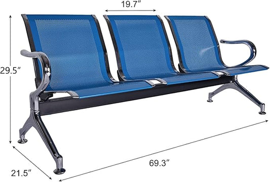 Kinsuite 3-Seat Reception Chairs - Waiting Room Chairs with Arms & Stainless Steel Frame, Waiting Room Bench Lobby Chairs for Office Airport Bank Hospital, Blue
