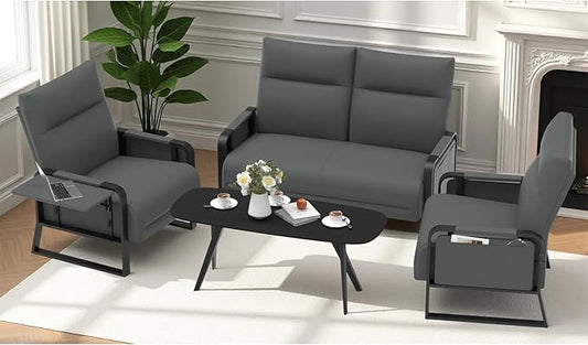 Faux Leather Sectional Couches for Living Room 3 Piece Loveseat and Chair Set with Flip Up Tray Tables Side Pockets Modern Modular Sectional Sofa for Office (2-Seat+1-Seat+1-Seat, Gray)