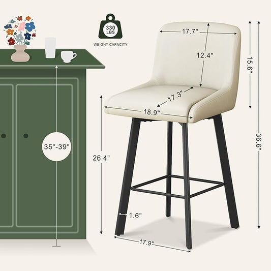 Swivel Bar Stools, 26''H Upholstered Barstools with Backs, Modern Counter Height Bar Stool Chairs for Kitchen Island, Metal Legs (Beige- Faux Leather, Set of 4-26" H)