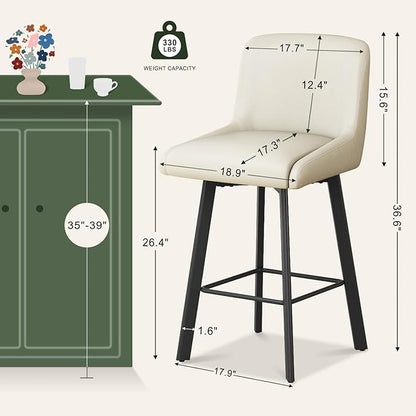 Swivel Bar Stools, 26''H Upholstered Barstools with Backs, Modern Counter Height Bar Stool Chairs for Kitchen Island, Metal Legs (Beige- Faux Leather, Set of 6-26" H)