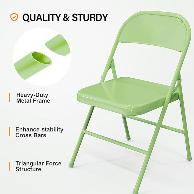 VINGLI Folding Chairs All Steel Metal Frame, Capacity 350 lbs, Durable Portable and Versatile for Indoor Outdoor Use, Green, Set of 4
