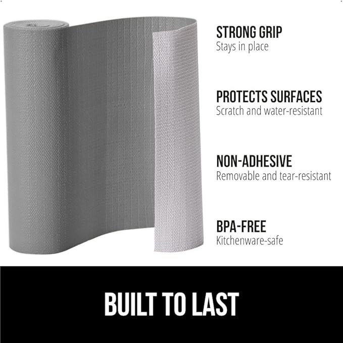 GORILLA GRIP Slip Resistant Drawer and Shelf Liner 2 Pack, Non Adhesive Water Resistant, Easy Clean and Trim, Smooth Surface Liners for Kitchen Cabinet, Shelves, Drawers, Pantry, 12 in x 20 FT, Gray