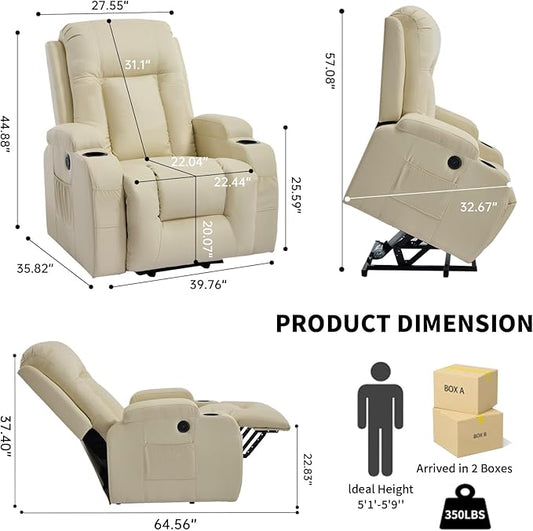 PELUMY Manual Lift Recliner Chair for Elderly with Massage & Heat, Oversized Heavy Duty 350 lbs Recliner with Cup Holders & USB Ports, Infinite Positioning Lift Chair (Breathable Leather, Beige)