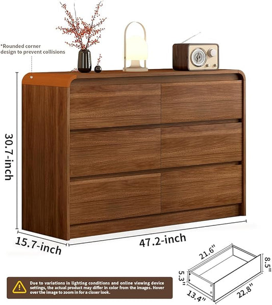 6 Drawer Dresser For Bedroom 47 Inch Wood Chest of Drawers - Curved Anti Collision, Mid Century Dresser For Closet with Natural Texture & Pre-Embedded Slots for TV Stand, Living Room, Nursery