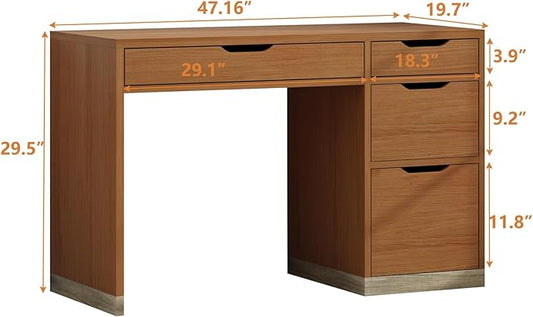48 Inch Small Desk with 4 Drawers, Computer Desk with Storage File Cabinet for Bedroom, Home Office Desk with Storage for Small Space, Brown