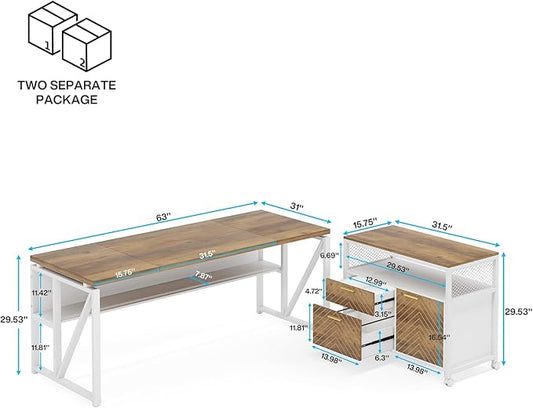 Tribesigns L Shaped Desk with Drawer,63" Executive Computer Desk and lateral File Cabinet, 2 Piece Home Office Furniture for Hanging File, Cabinet with Doors (Walnut, 63-inches)