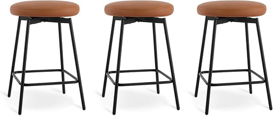 Swivel Bar Stools Set of 3, 24" Counter Height Bar Stool, Backless Barstools with Faux Leather Upholstered Seat&Sturdy Wood Legs for Kitchen Island, Brown