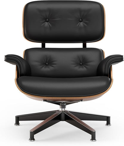 Top Black PU Leather, Mid Century Chaise Lounge Chair and Ottoman, Modern Chair Classic Design, Palisander Wood, Heavy Duty Base Support for Living Room Office